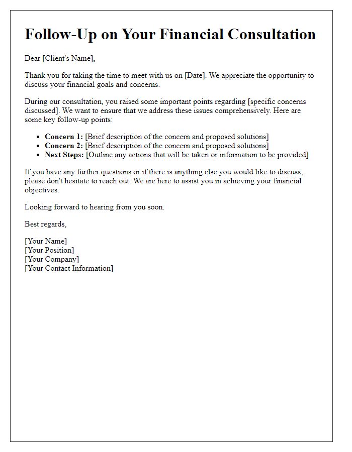 Letter template of financial consultation follow-up addressing client concerns