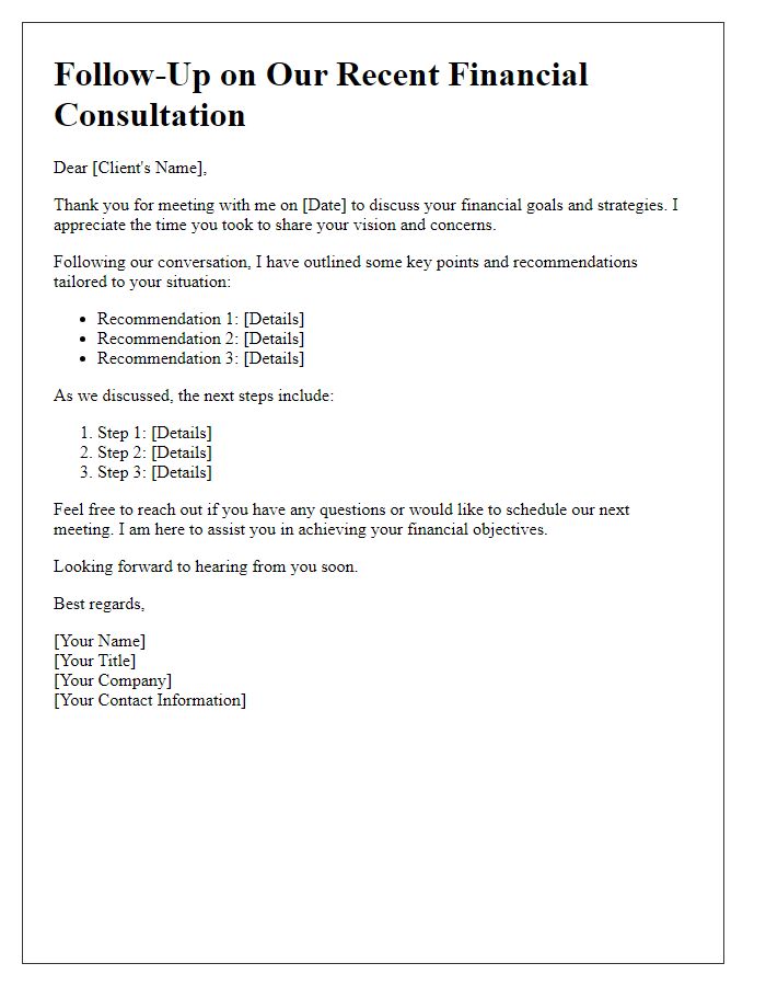 Letter template of financial consultation follow-up after initial meeting