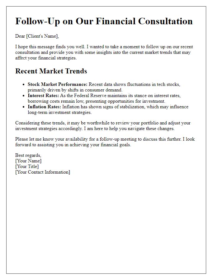 Letter template of financial consultation follow-up highlighting recent market trends