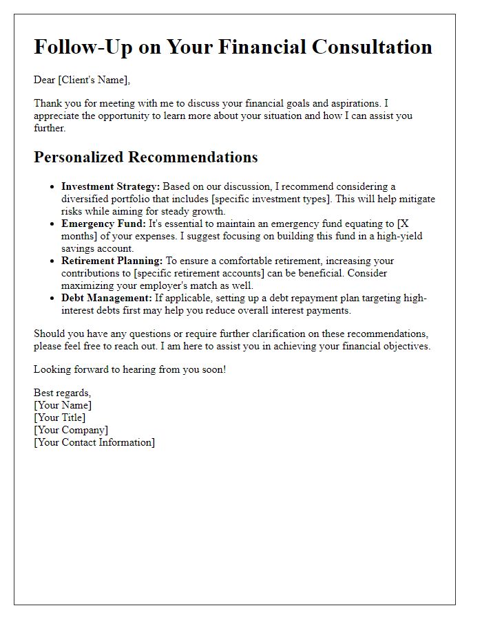 Letter template of financial consultation follow-up with personalized recommendations