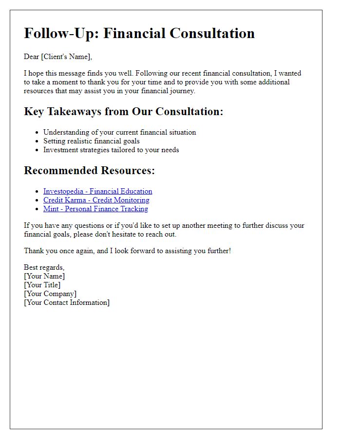 Letter template of financial consultation follow-up with resource links