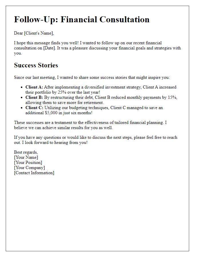 Letter template of financial consultation follow-up with success stories