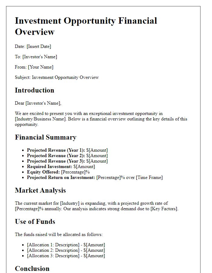 Letter template of investment opportunity financial overview