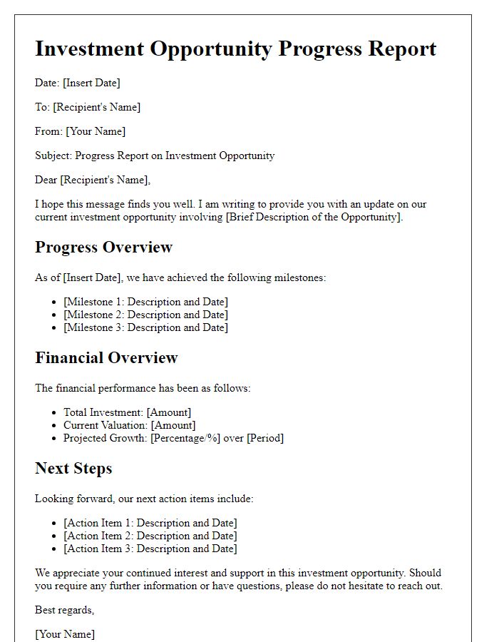 Letter template of investment opportunity progress report