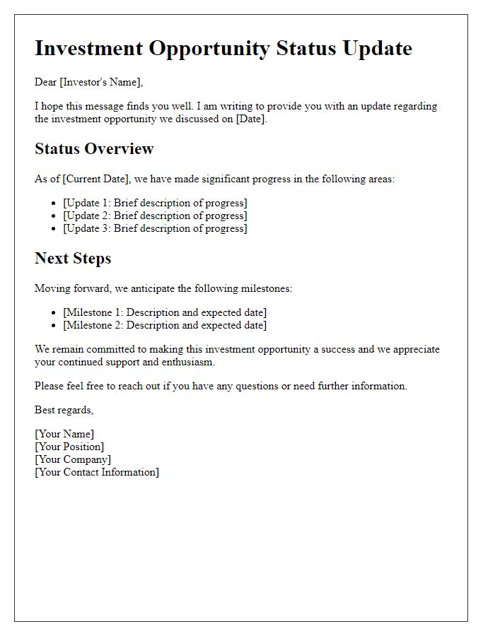 Letter template of investment opportunity status update