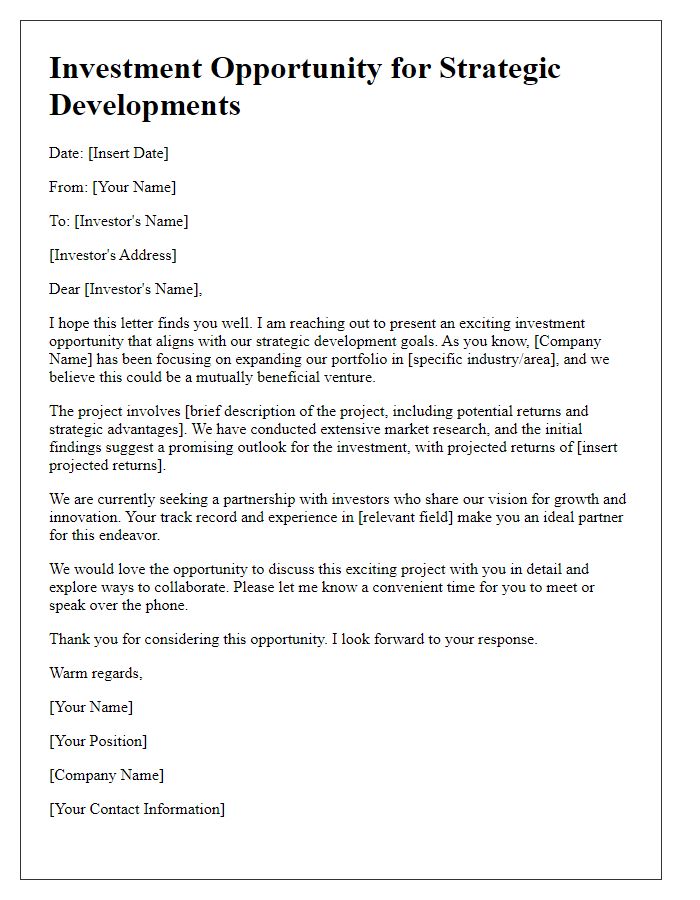 Letter template of investment opportunity strategic developments