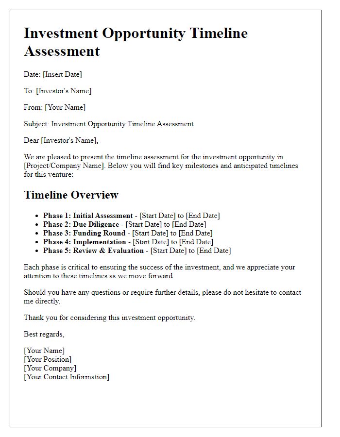 Letter template of investment opportunity timeline assessment