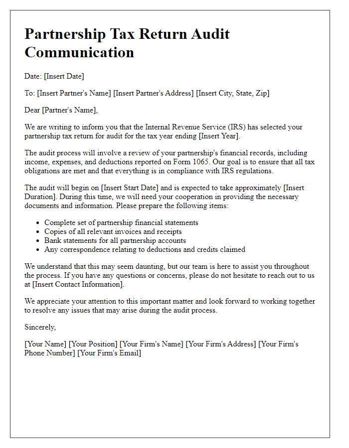 Letter template of partnership tax return audit communication