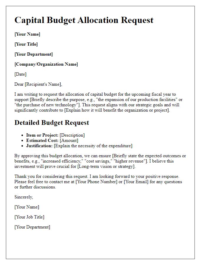 Letter template of capital budget allocation request