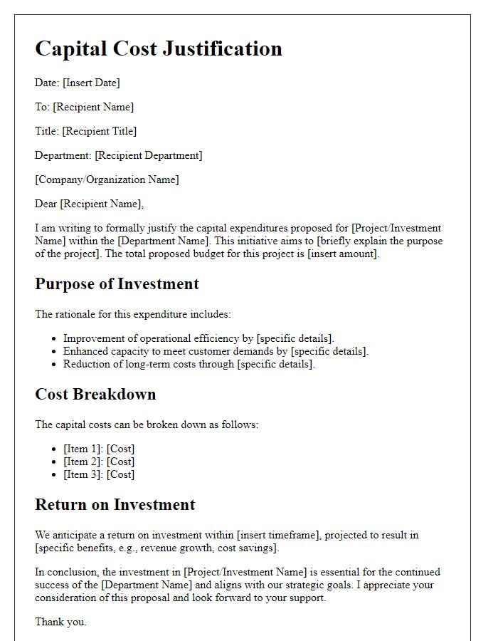 Letter template of capital cost justification for department