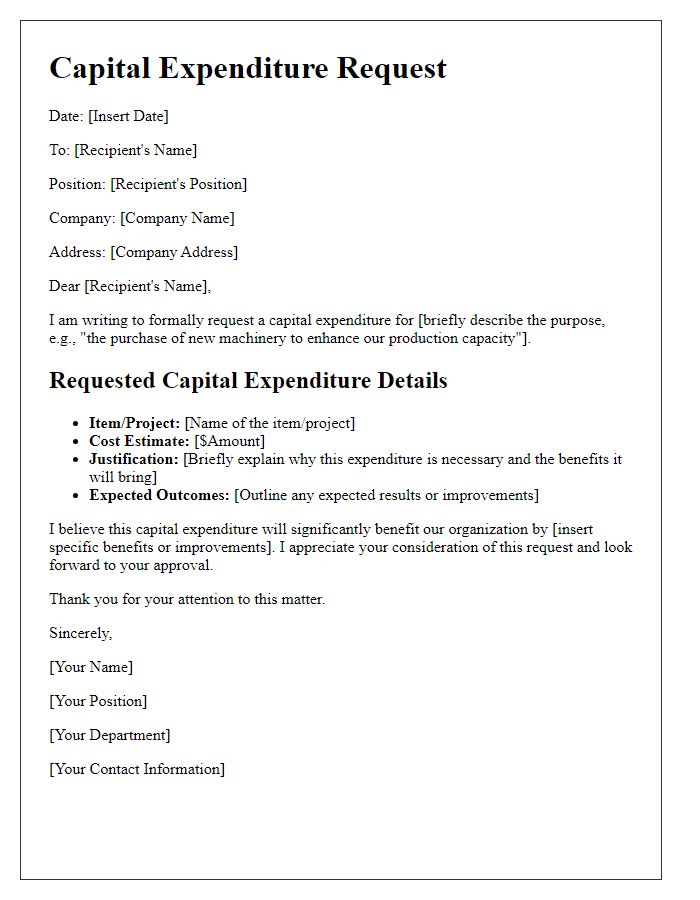 Letter template of capital expenditure request