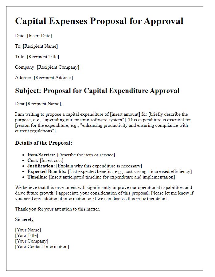 Letter template of capital expenses proposal for approval