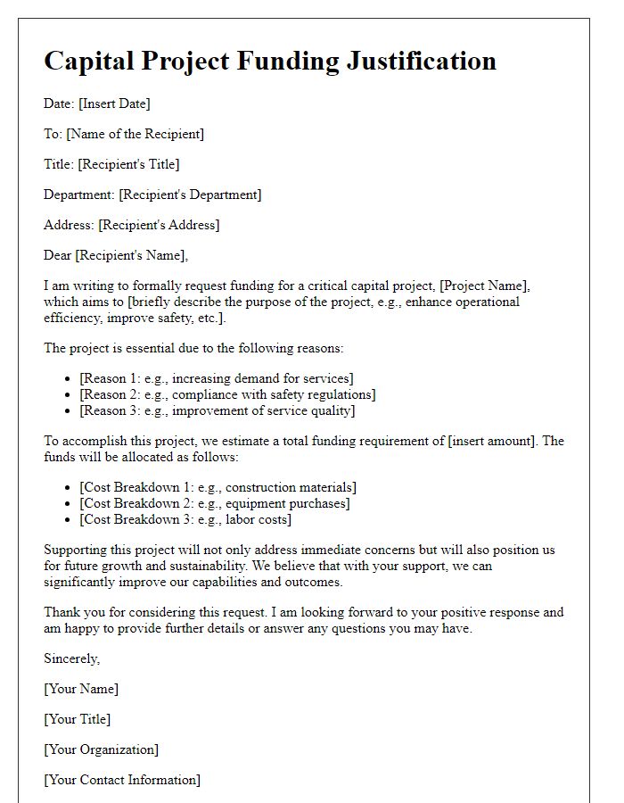 Letter template of capital project funding justification