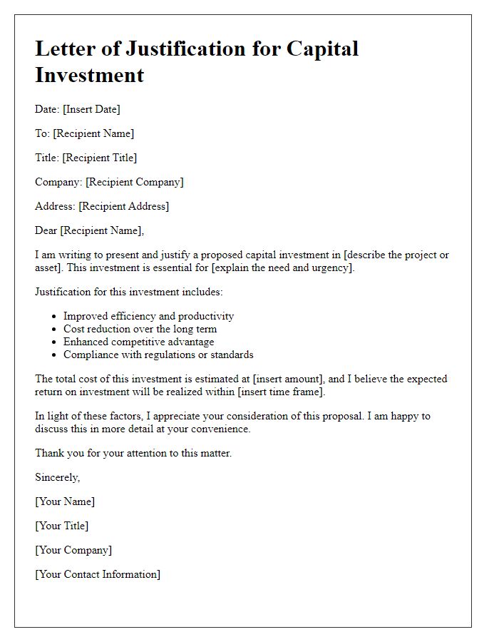 Letter template of justification for capital investment