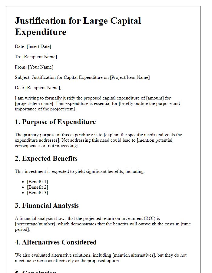 Letter template of justification for large capital expenditures