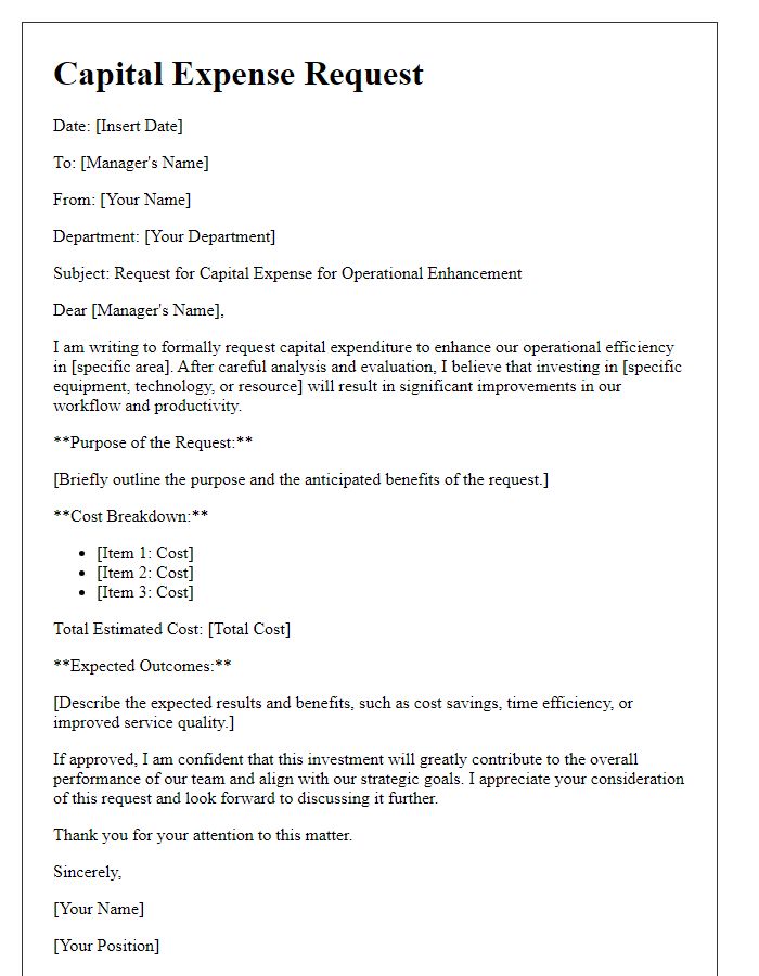 Letter template of operational enhancement capital expense request