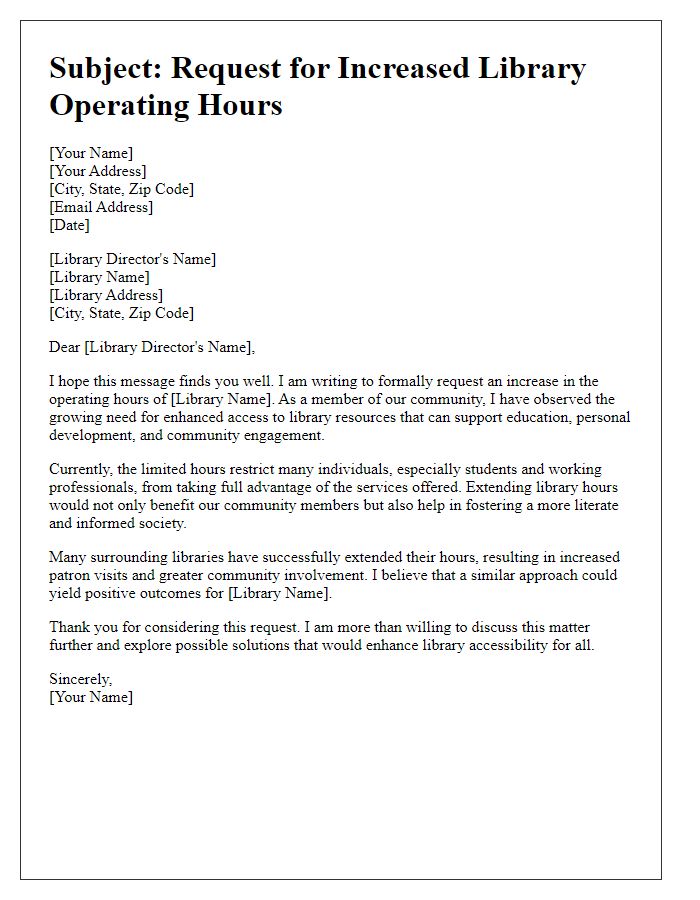 Letter template of appeal for increased library operating hours for community access