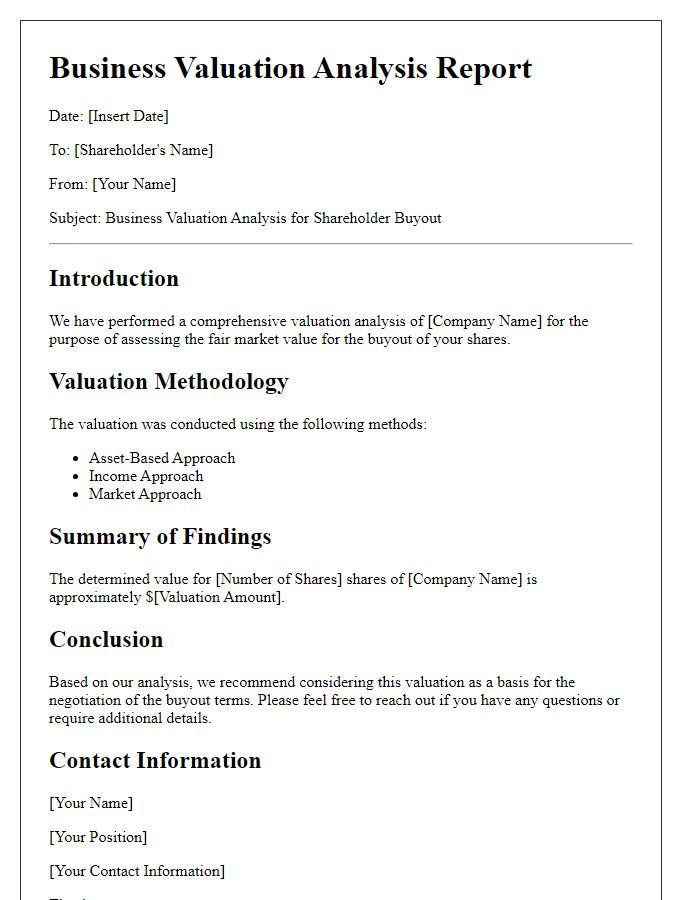 Letter template of business valuation analysis for shareholder buyout.