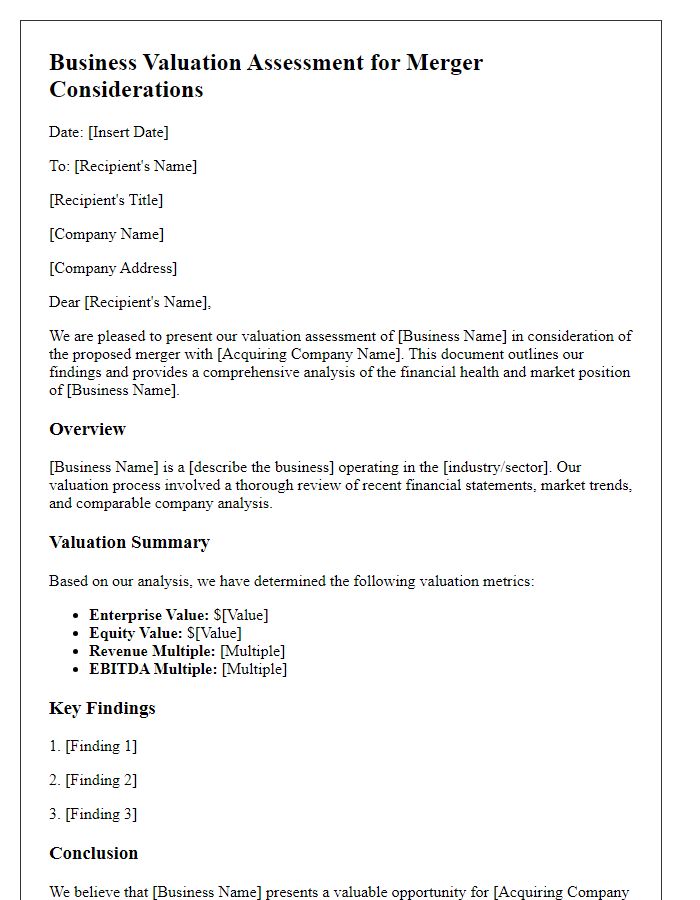 Letter template of business valuation assessment for merger considerations.