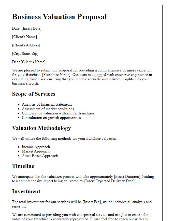 Letter template of business valuation proposal for franchise evaluation.