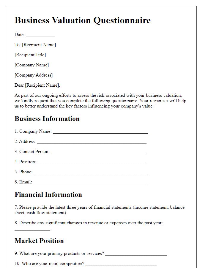 Letter template of business valuation questionnaire for risk assessment.