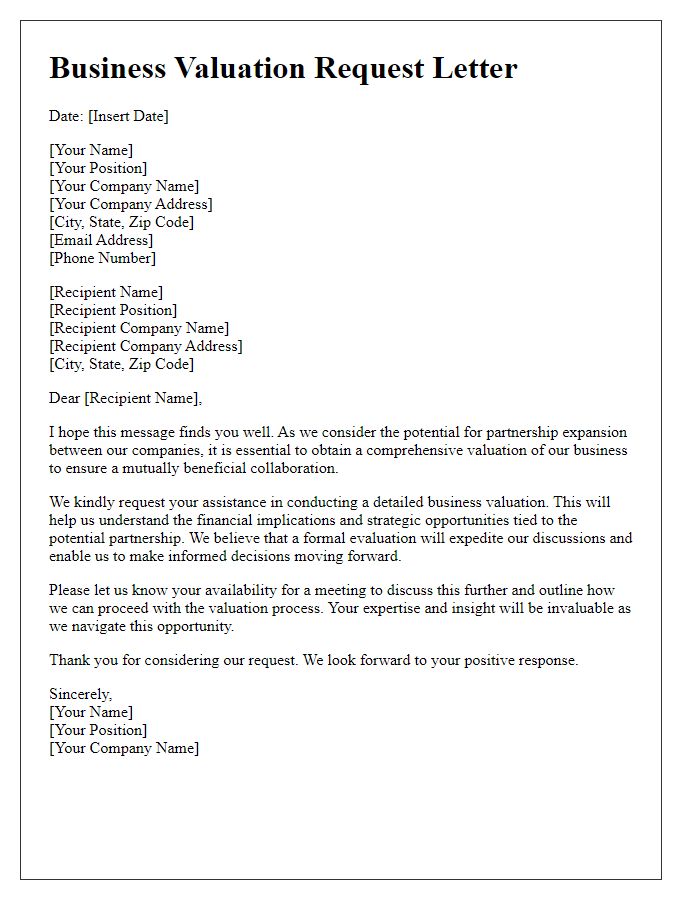 Letter template of business valuation request for partnership expansion.