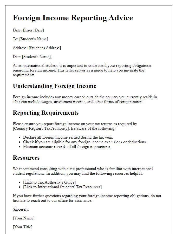 Letter template of foreign income reporting advice for international students