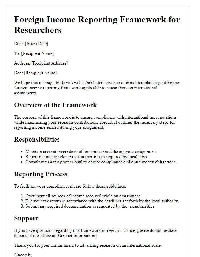 Letter template of foreign income reporting framework for researchers on international assignments