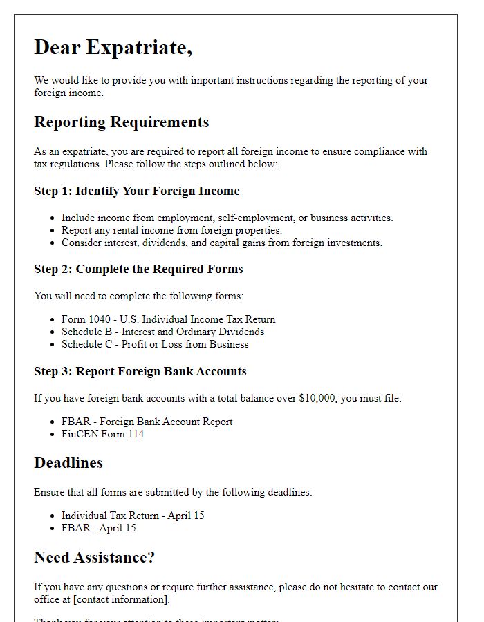 Letter template of foreign income reporting instructions for expatriates