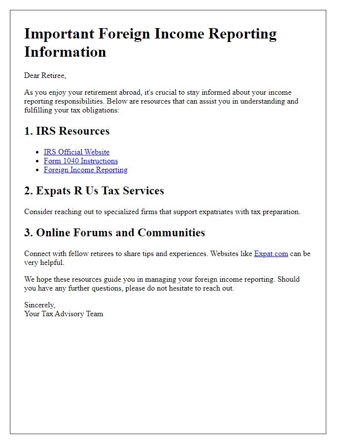 Letter template of foreign income reporting resources for retirees abroad