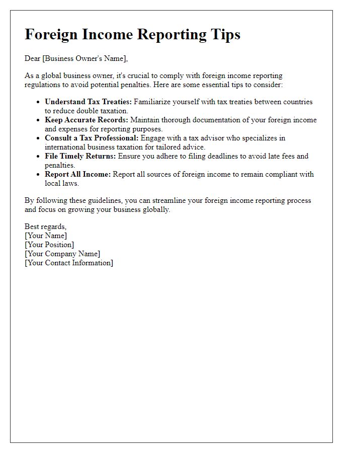 Letter template of foreign income reporting tips for global business owners