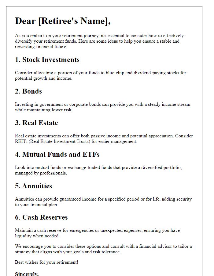 Letter template of retirement fund diversification ideas for retirees