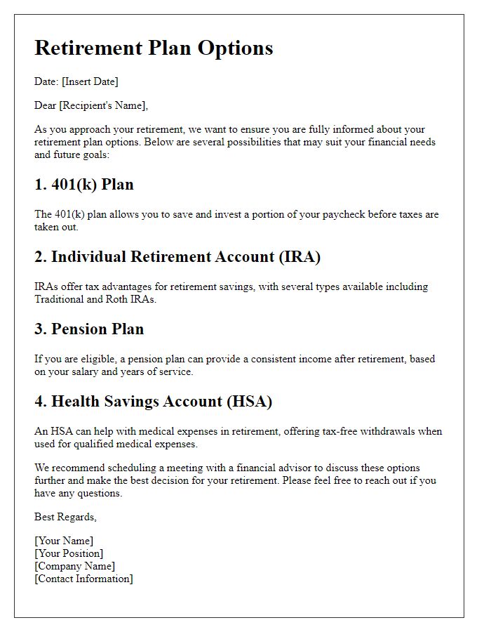 Letter template of retirement plan options for individuals