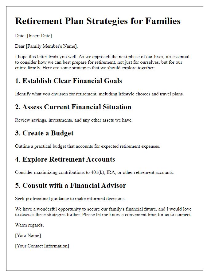 Letter template of retirement plan strategies for families