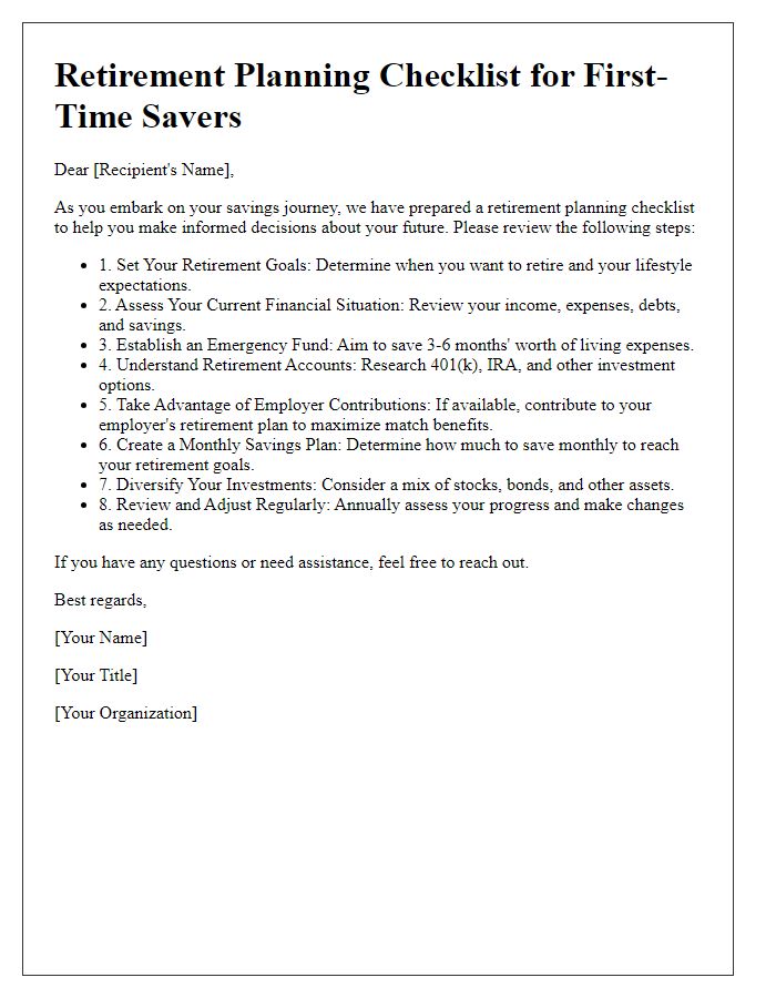 Letter template of retirement planning checklist for first-time savers