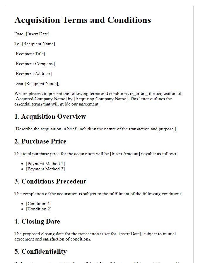 Letter template of acquisition terms and conditions