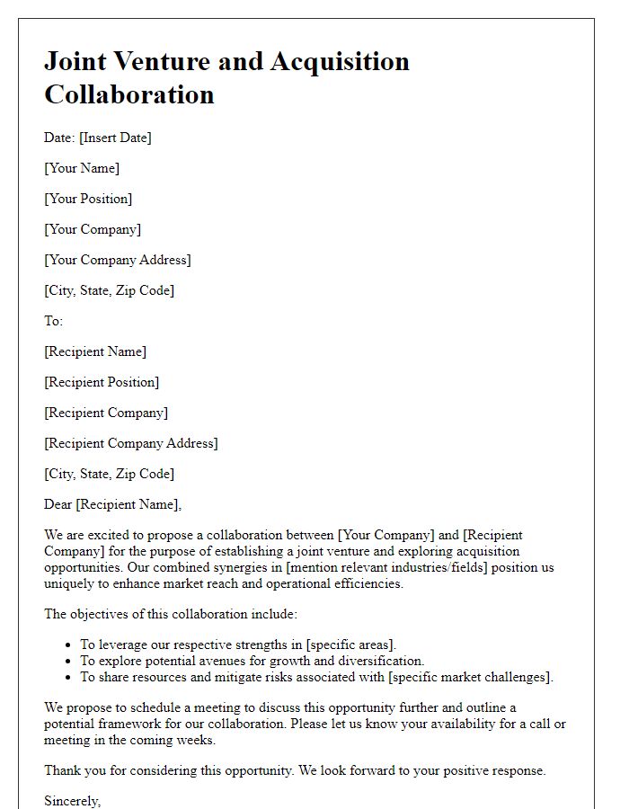 Letter template of joint venture and acquisition collaboration