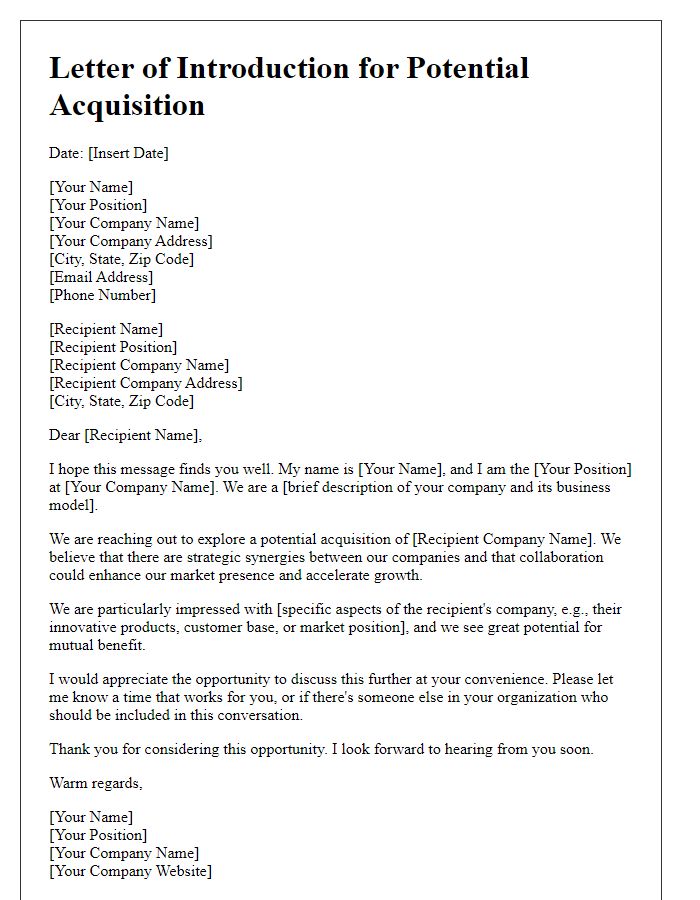 Letter template of potential acquisition introduction