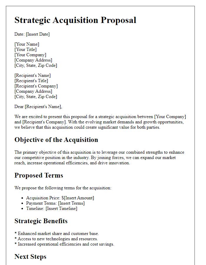 Letter template of strategic acquisition proposal