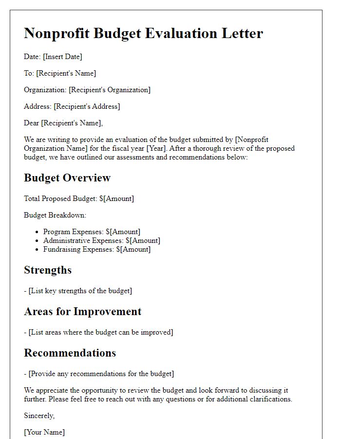 Letter template of nonprofit budget evaluation