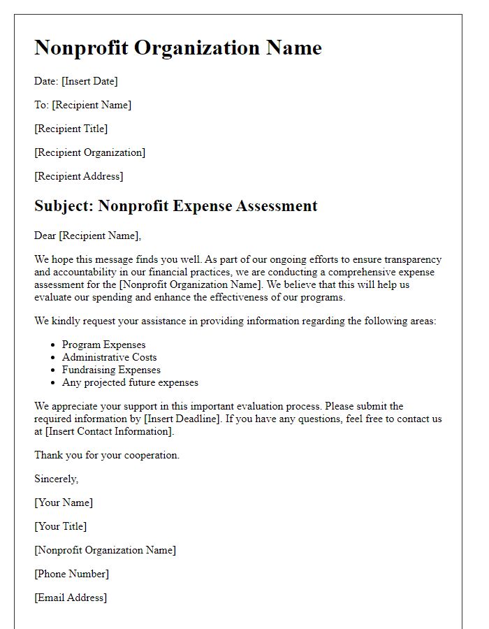 Letter template of nonprofit expense assessment