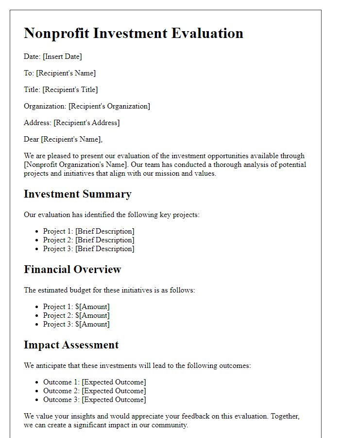 Letter template of nonprofit investment evaluation