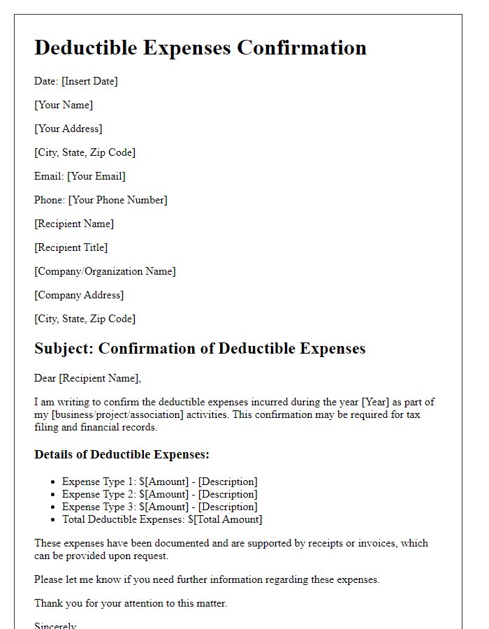 Letter template of deductible expenses confirmation