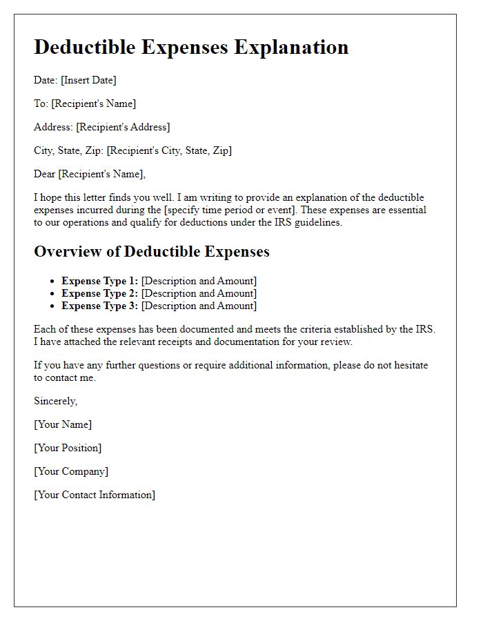 Letter template of deductible expenses explanation