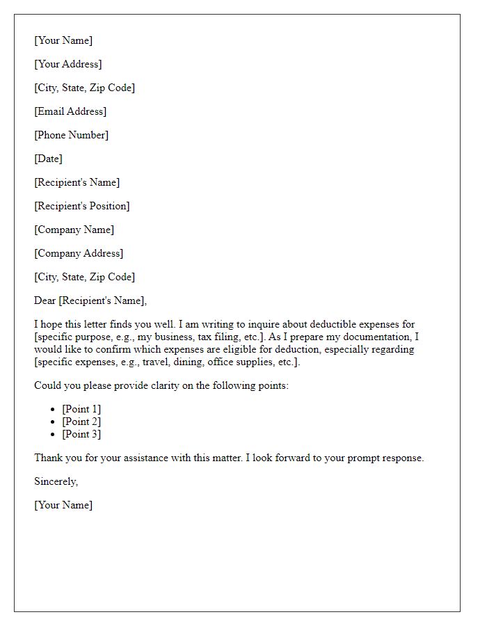 Letter template of deductible expenses inquiry