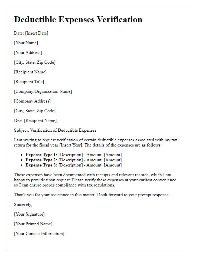 Letter template of deductible expenses verification