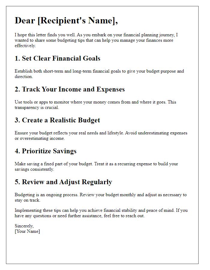 Letter template of budgeting tips for effective financial planning.