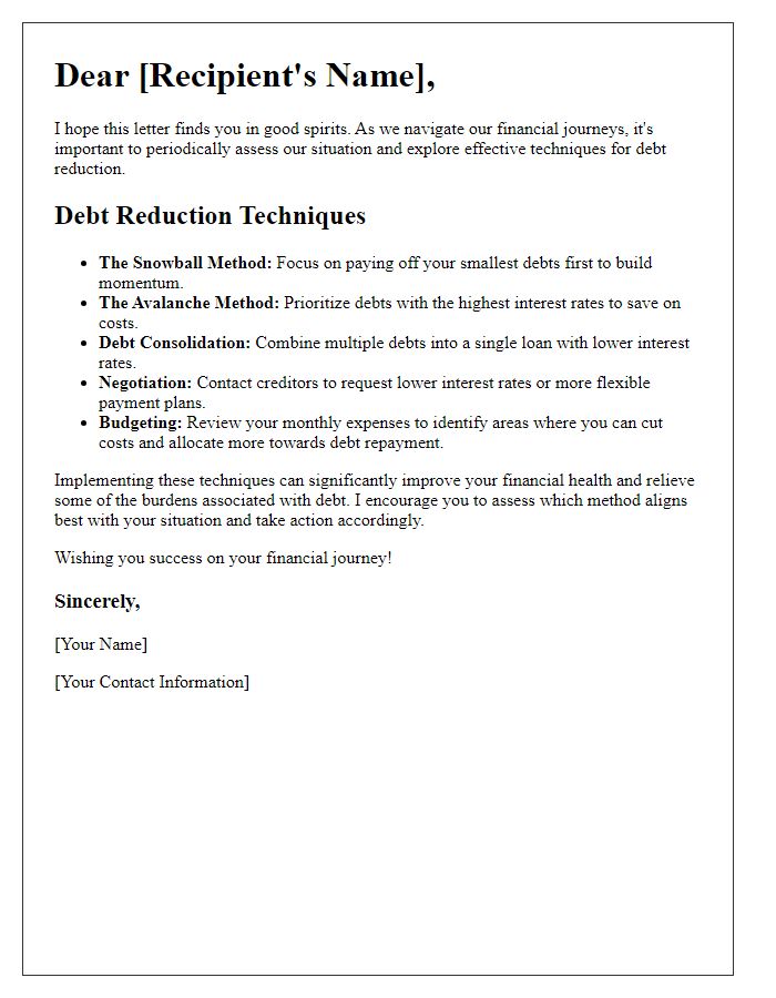 Letter template of debt reduction techniques for better financial health.