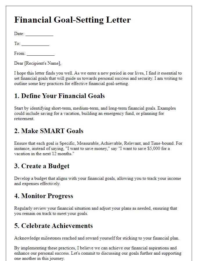 Letter template of financial goal-setting practices for personal success.