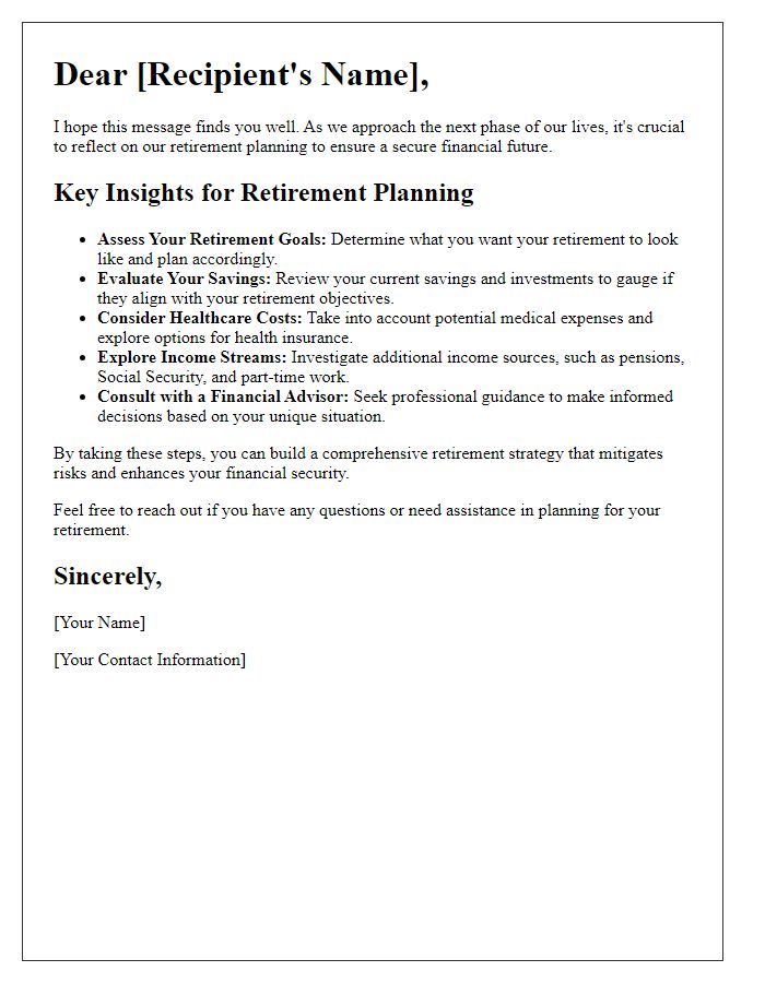 Letter template of retirement planning insights for secure future finances.